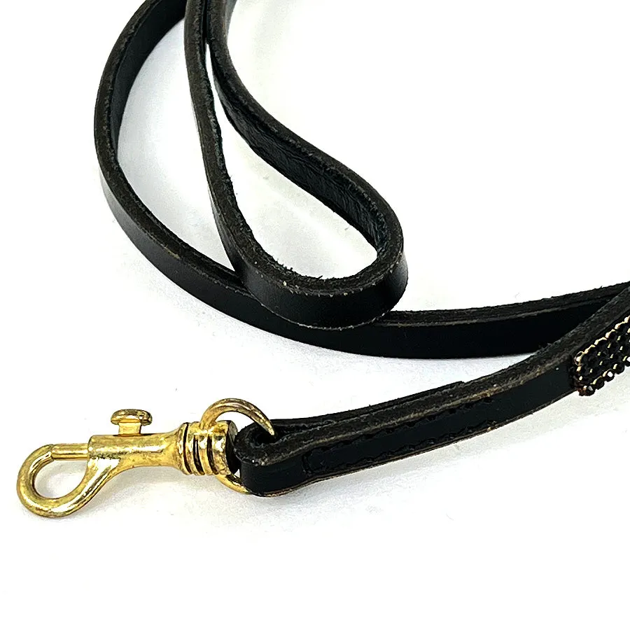 4-Row Black Crystal & Leather Collar & Leash, 8”-10”