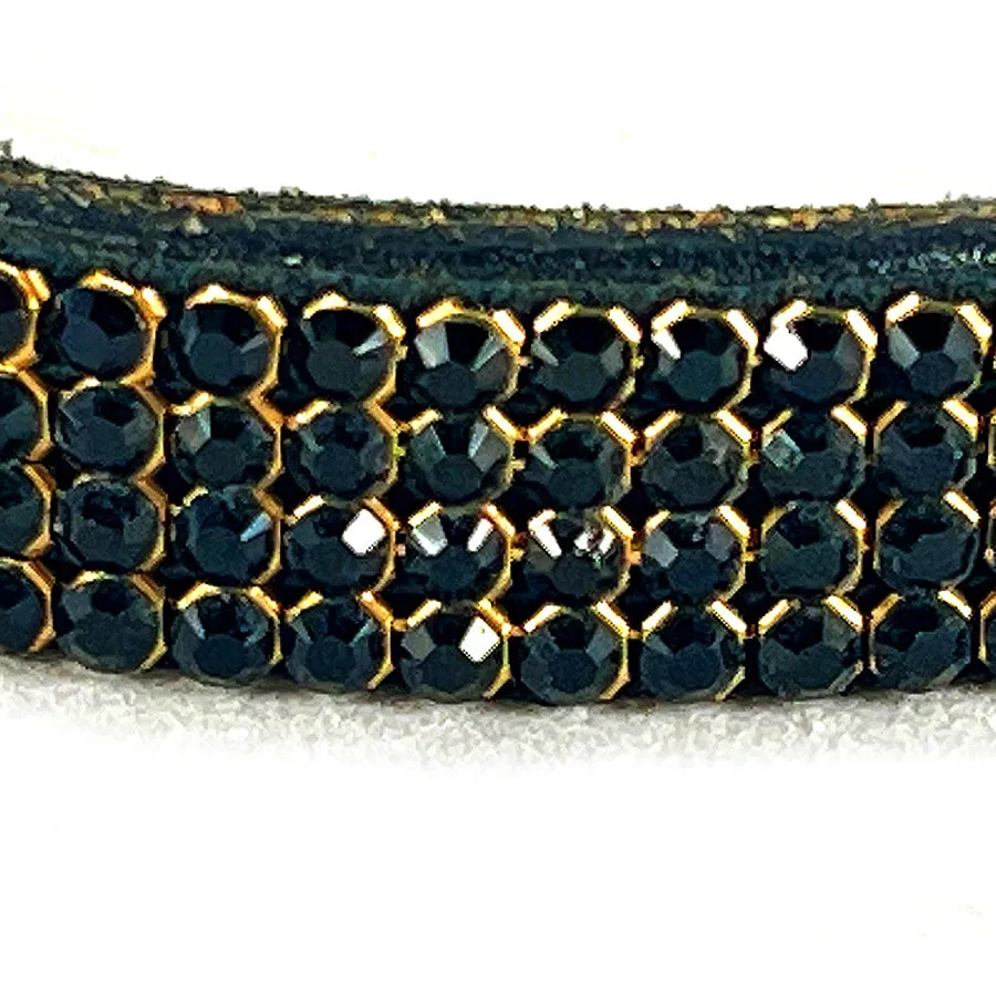 4-Row Black Crystal & Leather Collar & Leash, 8”-10”