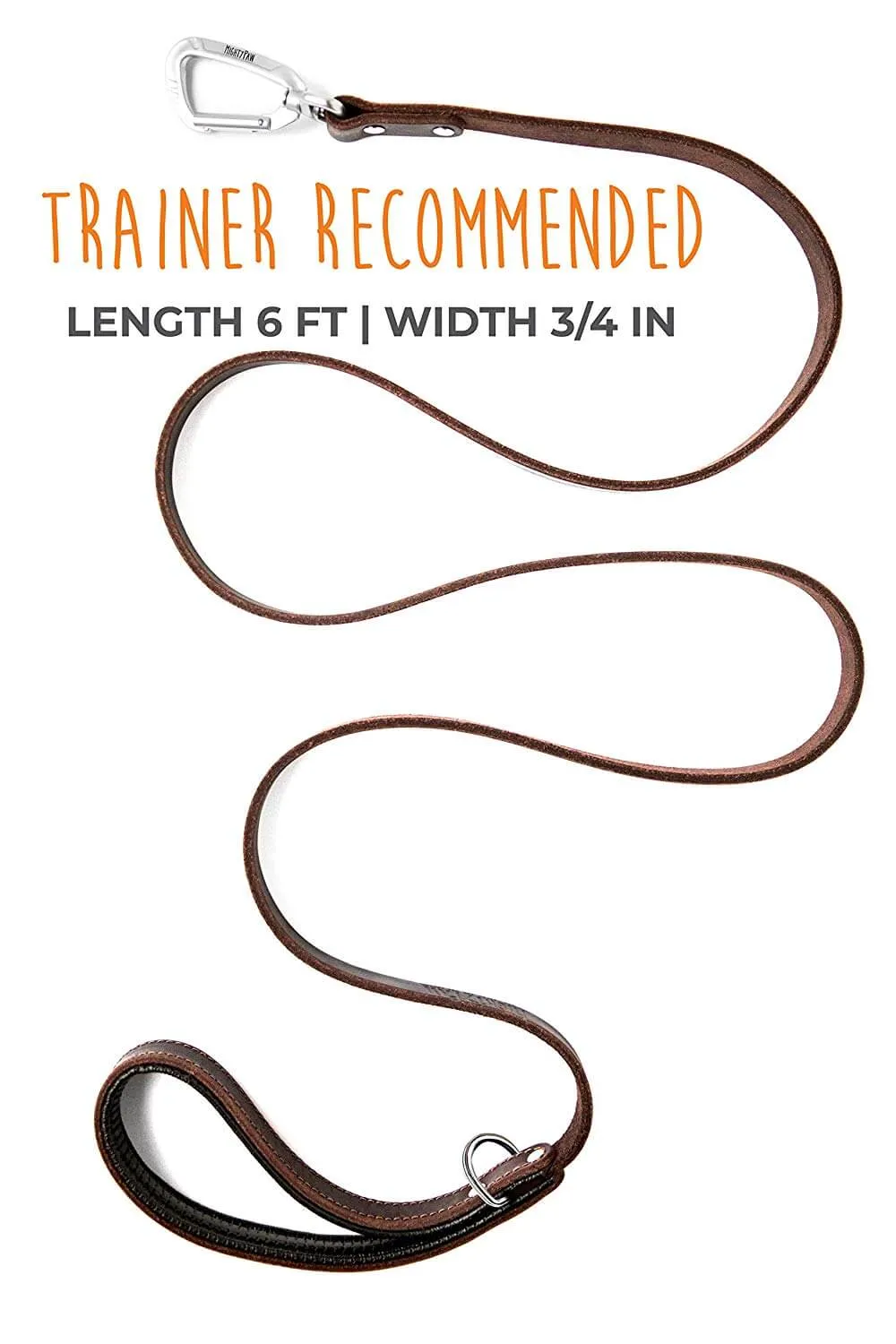 6-Foot Leather Dog Leash - Padded Handle & Carabiner Clip