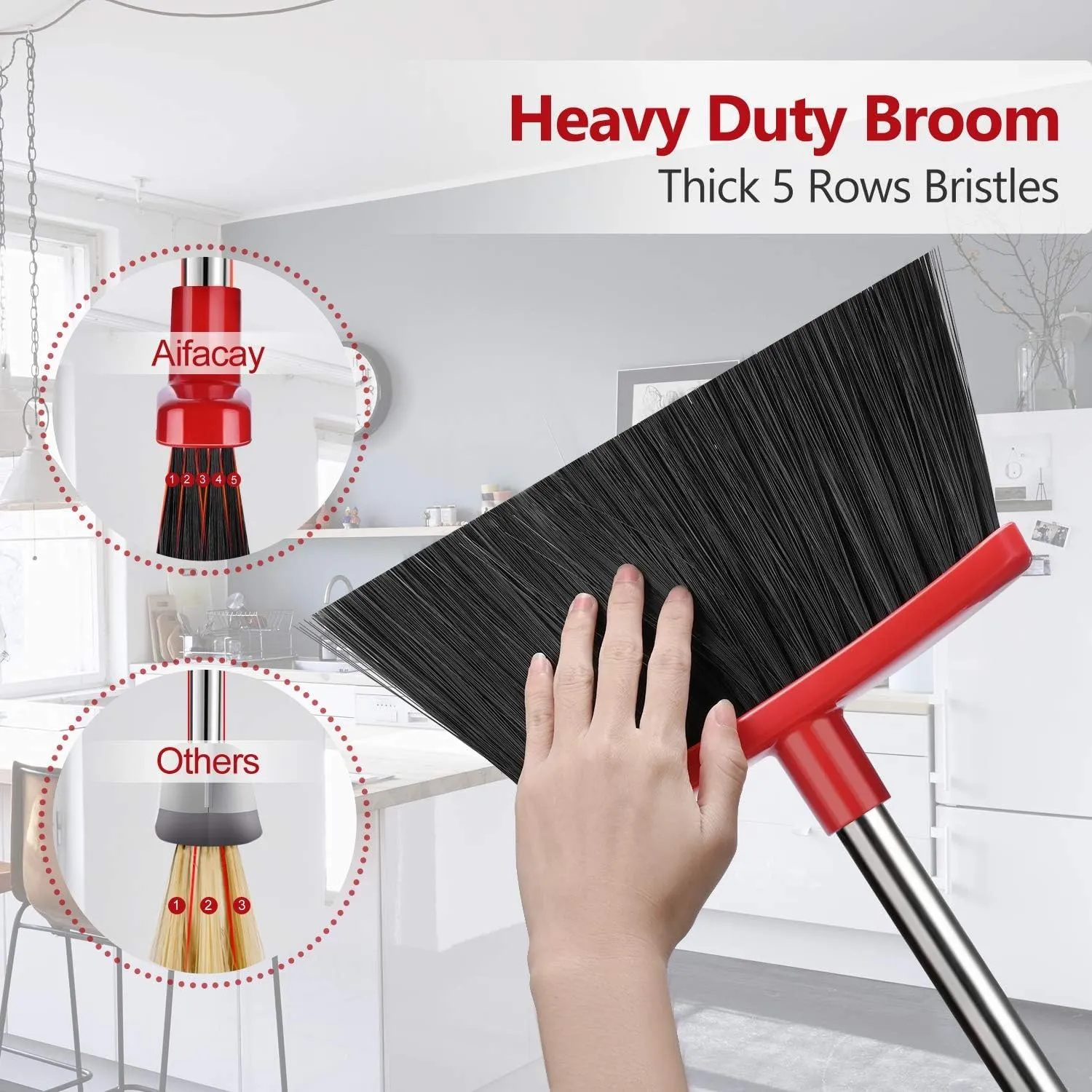 Aifacay Broom and Dustpan Set, Dust Pan and Broom Combo for Floor Cleaning Dustpan with Teeth for Home Kitchen Upright Standing Dustpan and Broom Set Long Handle Broom Heavy Duty for Indoor Outdoor