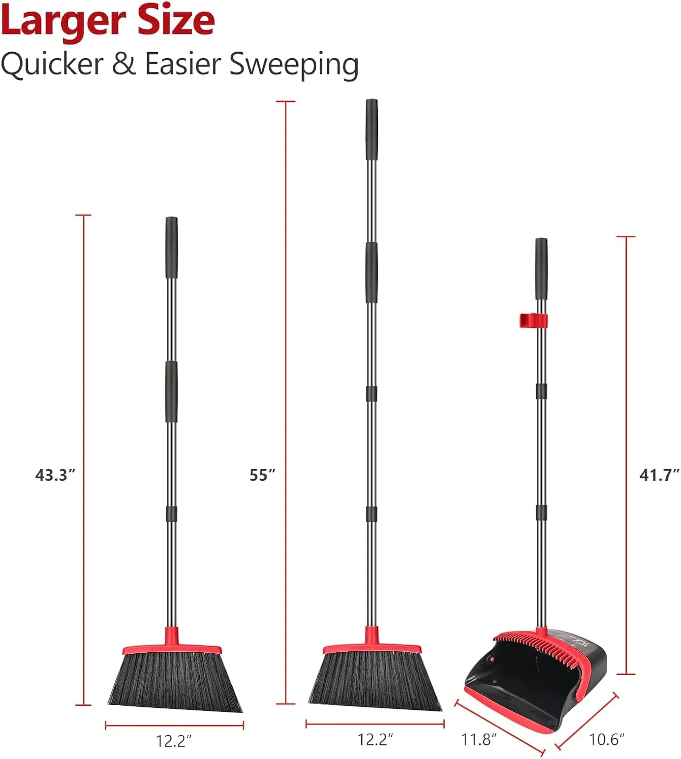 Aifacay Broom and Dustpan Set, Dust Pan and Broom Combo for Floor Cleaning Dustpan with Teeth for Home Kitchen Upright Standing Dustpan and Broom Set Long Handle Broom Heavy Duty for Indoor Outdoor