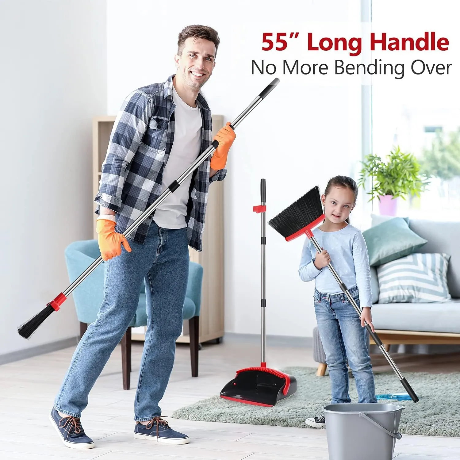 Aifacay Broom and Dustpan Set, Dust Pan and Broom Combo for Floor Cleaning Dustpan with Teeth for Home Kitchen Upright Standing Dustpan and Broom Set Long Handle Broom Heavy Duty for Indoor Outdoor