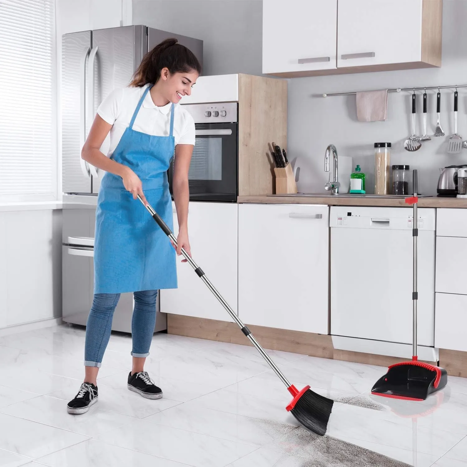 Aifacay Broom and Dustpan Set, Dust Pan and Broom Combo for Floor Cleaning Dustpan with Teeth for Home Kitchen Upright Standing Dustpan and Broom Set Long Handle Broom Heavy Duty for Indoor Outdoor