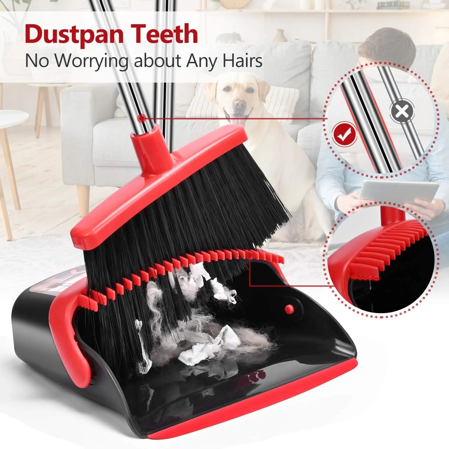 Aifacay Broom and Dustpan Set, Dust Pan and Broom Combo for Floor Cleaning Dustpan with Teeth for Home Kitchen Upright Standing Dustpan and Broom Set Long Handle Broom Heavy Duty for Indoor Outdoor