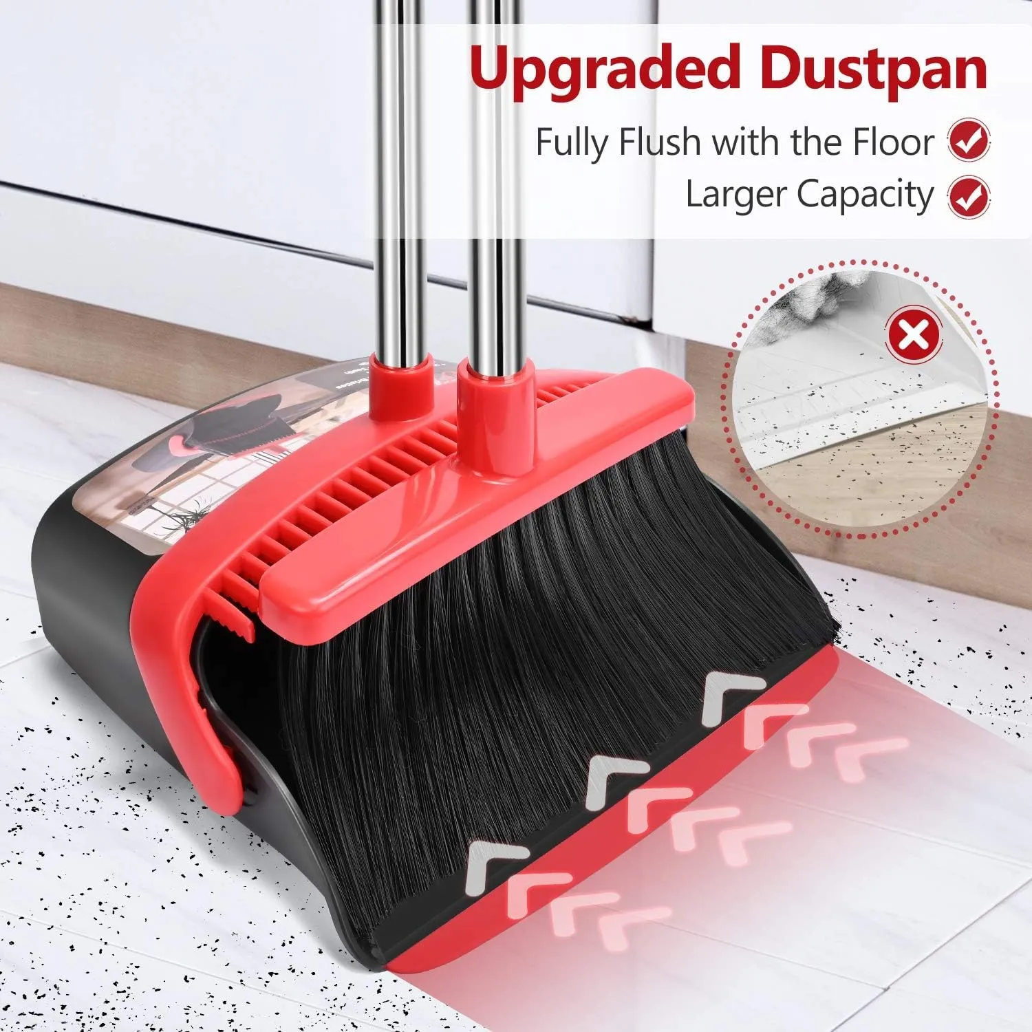 Aifacay Broom and Dustpan Set, Dust Pan and Broom Combo for Floor Cleaning Dustpan with Teeth for Home Kitchen Upright Standing Dustpan and Broom Set Long Handle Broom Heavy Duty for Indoor Outdoor