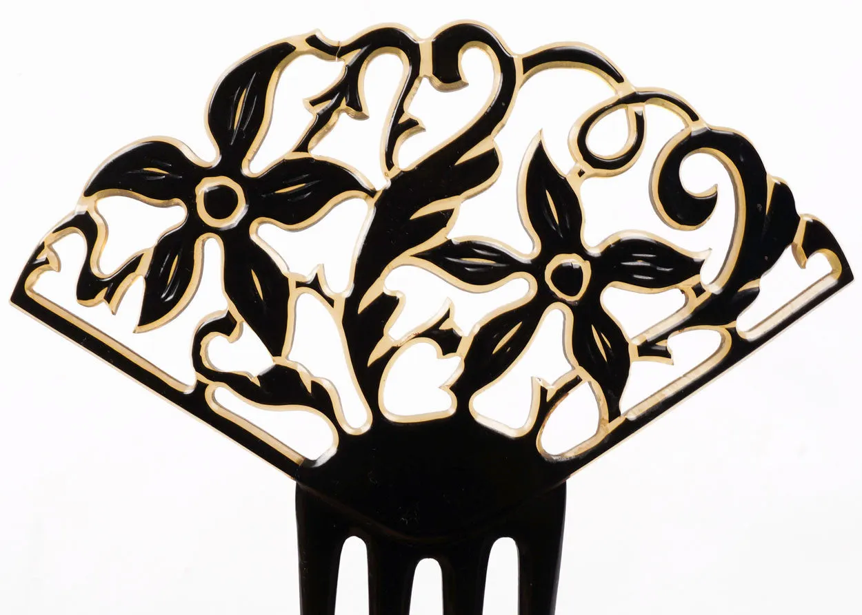 Art Deco Celluloid Hair Comb Black over Light Yellow Two Tone