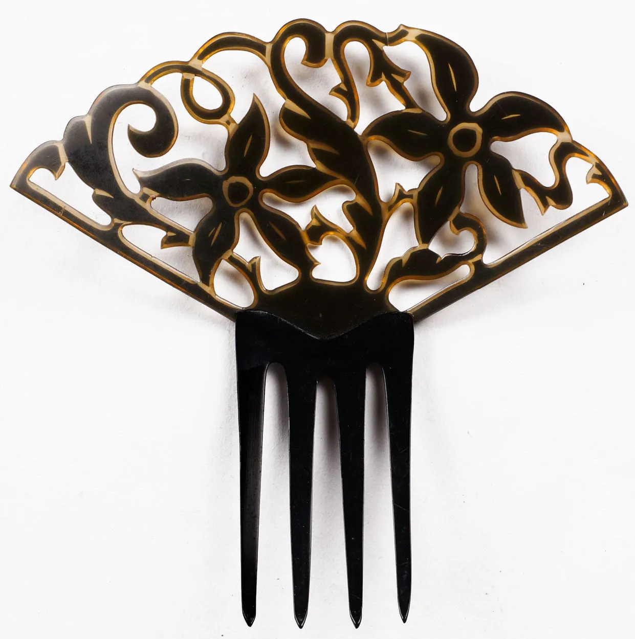 Art Deco Celluloid Hair Comb Black over Light Yellow Two Tone