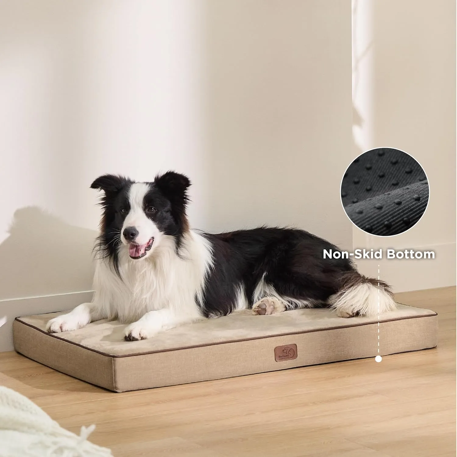 Bedsure Memory Foam Dog Bed Large Sized Dog - Orthopedic Waterproof Pet Beds for Crate with Removable Washable Water-Resistant Cover and Nonskid Bottom, Plush Flannel Fleece Top Pet Mat, Khaki