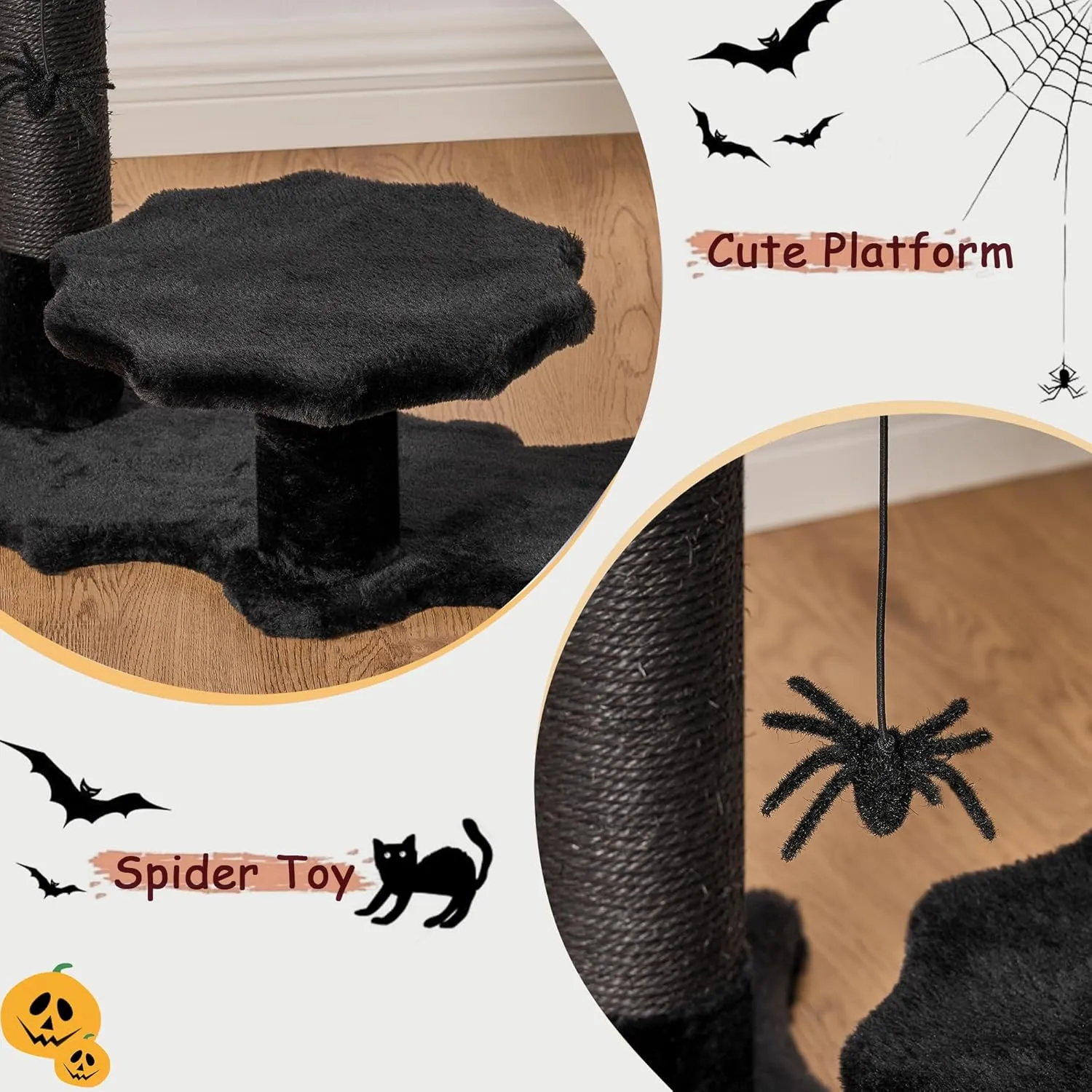 BEWISHOME Gothic Cat Tree with Coffin Bed Gothic Cat Tower for Indoor Pet Goth with Sisal Scratching Posts, Spider Toy for Halloween, Black with Red, Large Size MMJ91L