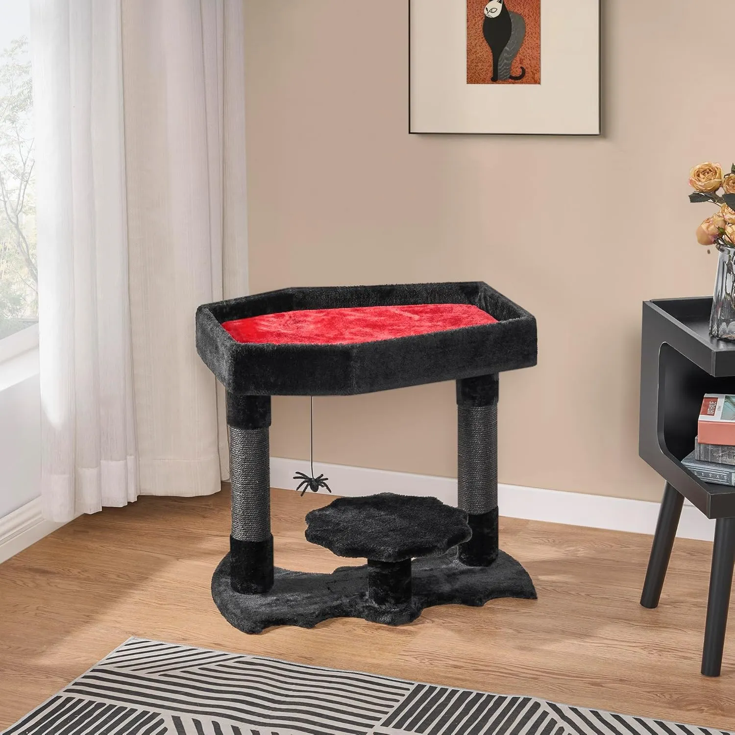 BEWISHOME Gothic Cat Tree with Coffin Bed Gothic Cat Tower for Indoor Pet Goth with Sisal Scratching Posts, Spider Toy for Halloween, Black with Red, Large Size MMJ91L