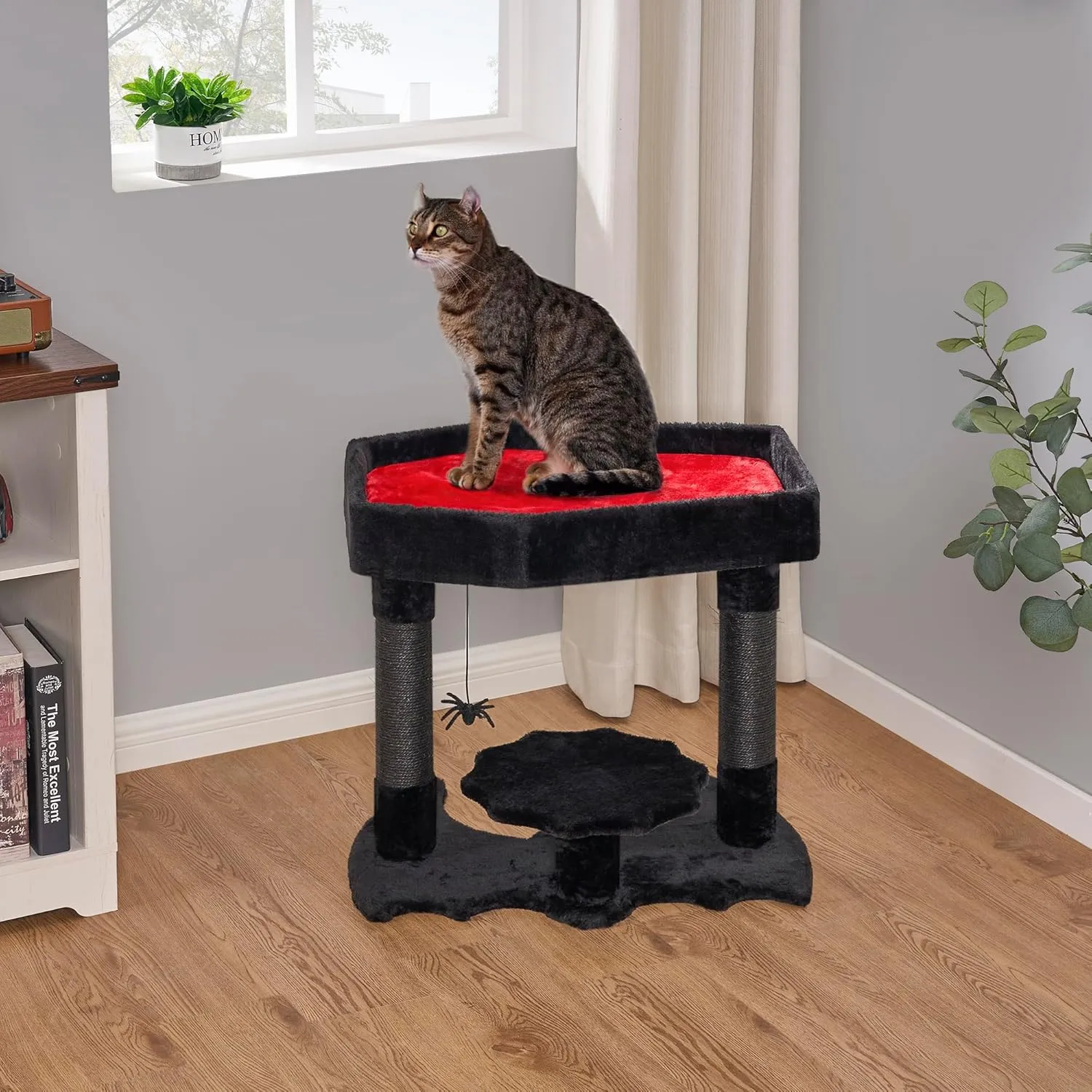 BEWISHOME Gothic Cat Tree with Coffin Bed Gothic Cat Tower for Indoor Pet Goth with Sisal Scratching Posts, Spider Toy for Halloween, Black with Red, Large Size MMJ91L