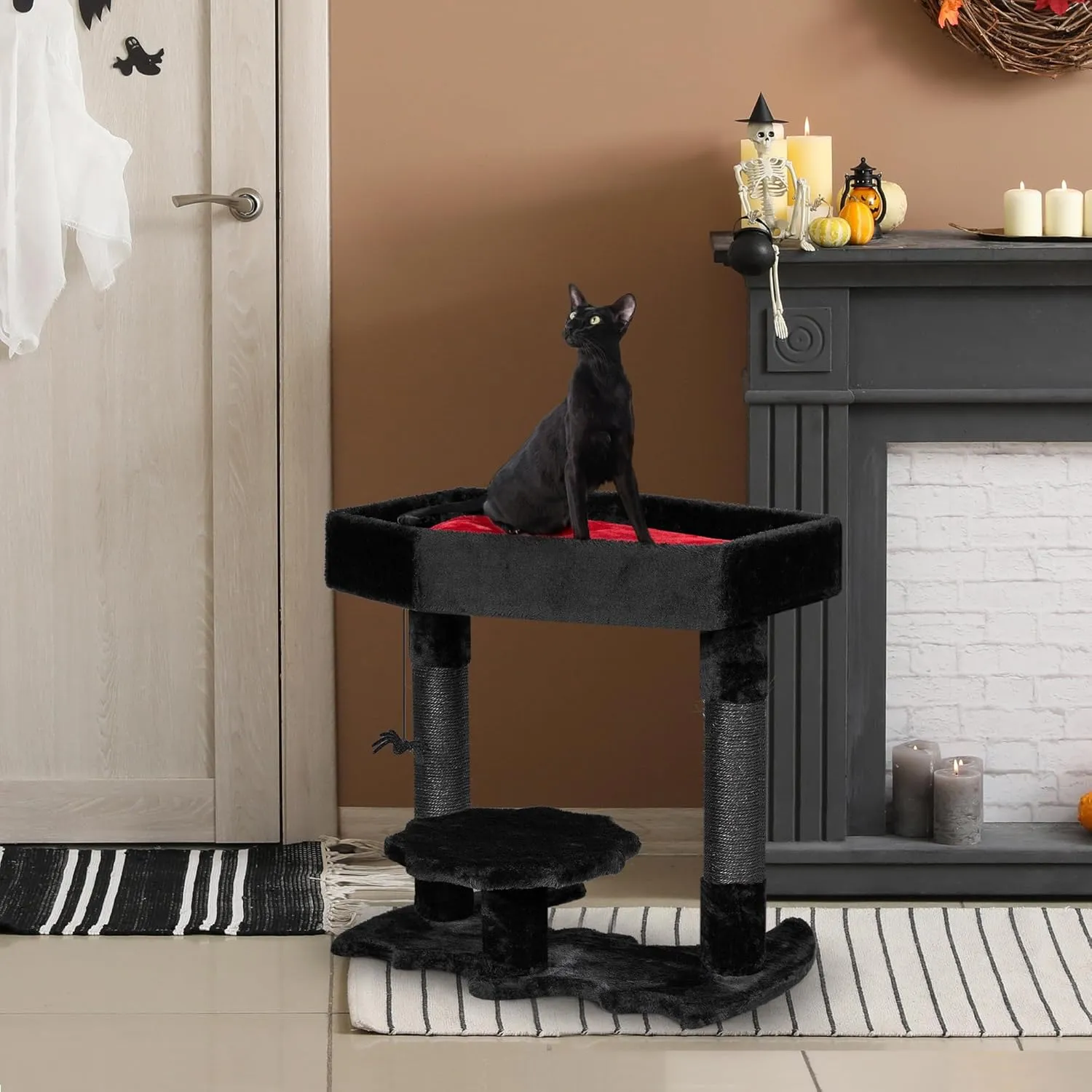 BEWISHOME Gothic Cat Tree with Coffin Bed Gothic Cat Tower for Indoor Pet Goth with Sisal Scratching Posts, Spider Toy for Halloween, Black with Red, Large Size MMJ91L