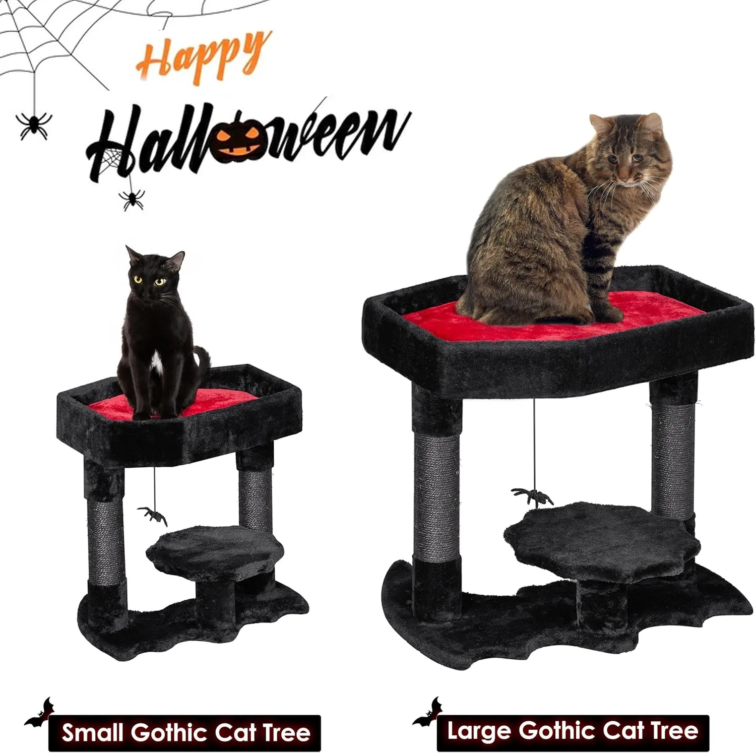 BEWISHOME Gothic Cat Tree with Coffin Bed Gothic Cat Tower for Indoor Pet Goth with Sisal Scratching Posts, Spider Toy for Halloween, Black with Red, Large Size MMJ91L