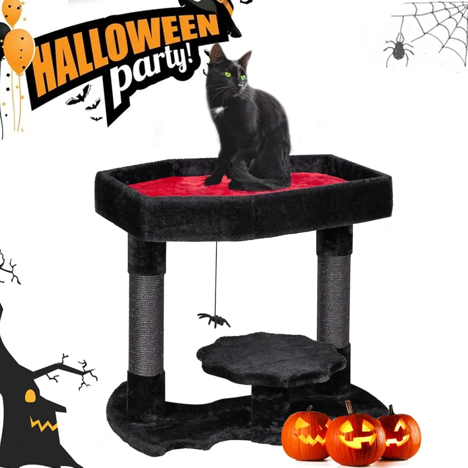 BEWISHOME Gothic Cat Tree with Coffin Bed Gothic Cat Tower for Indoor Pet Goth with Sisal Scratching Posts, Spider Toy for Halloween, Black with Red, Large Size MMJ91L