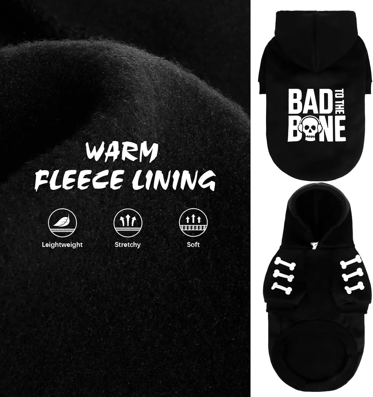 BINGPET Bad to The Bone Dog Sweater with Leash Hole - Warm Fleece Dog Hoodie & Winter Coat for Small to Large Dogs