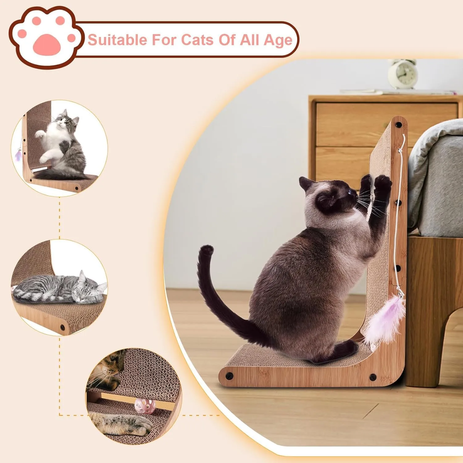Cat Scratcher, L Shaped Cat Scratcher, 23.6 Inch Cat Scratching Board, Cat Scratchers for Indoor Cats with Ball Toy (Brown-L-Shape, 1pcs)