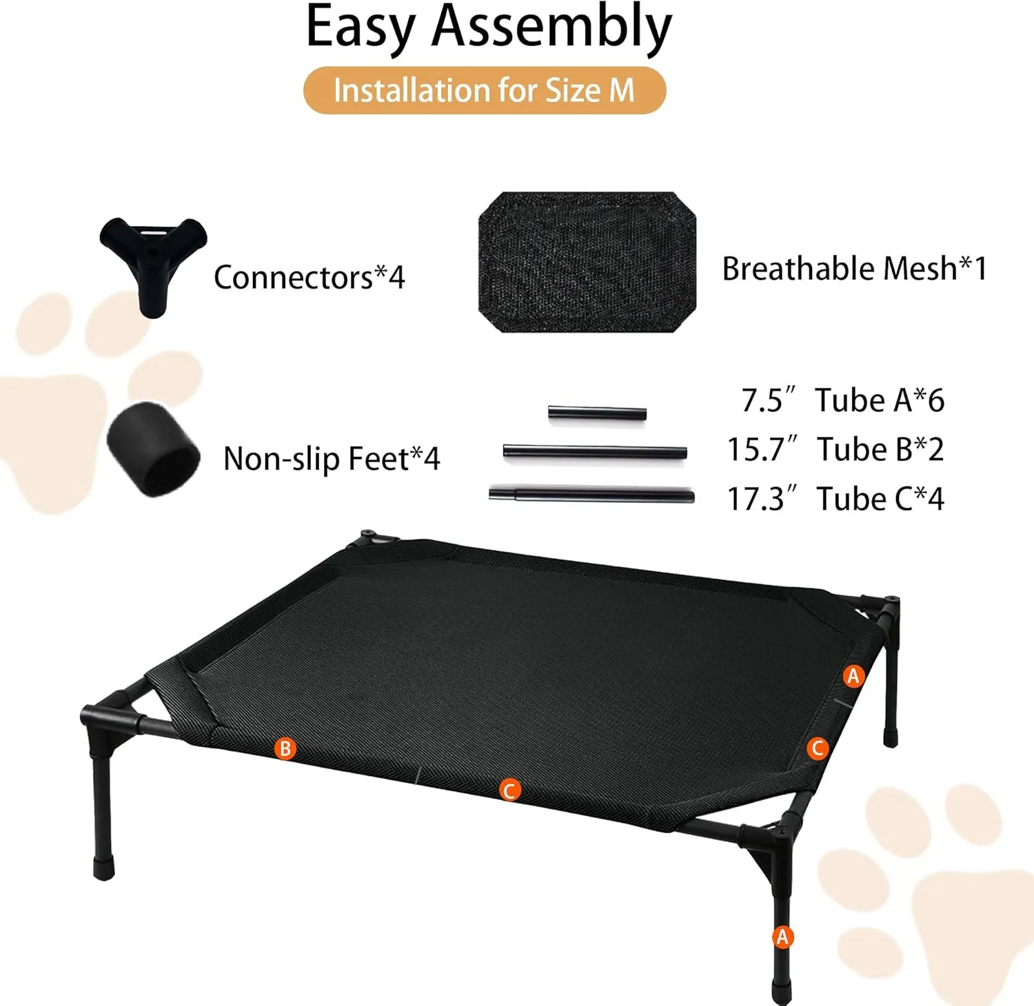 Cooling Elevated Dog Beds for Medium Dogs, Portable Raised Medium Dog Bed for Indoor & Outdoor Use, No-Slip Feet Pet Cots, Pet Hammock with Breathable Mesh, Black