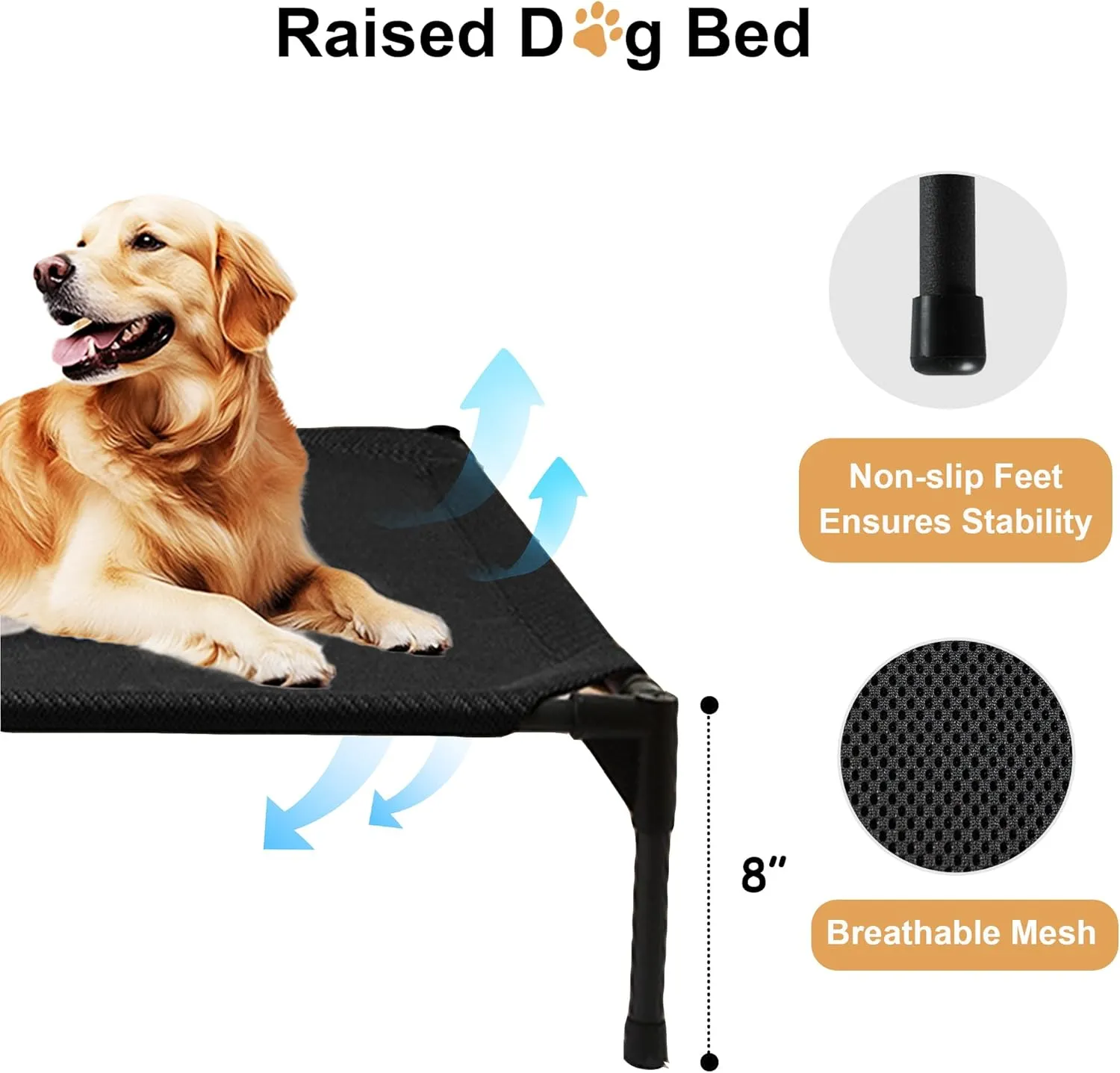 Cooling Elevated Dog Beds for Medium Dogs, Portable Raised Medium Dog Bed for Indoor & Outdoor Use, No-Slip Feet Pet Cots, Pet Hammock with Breathable Mesh, Black
