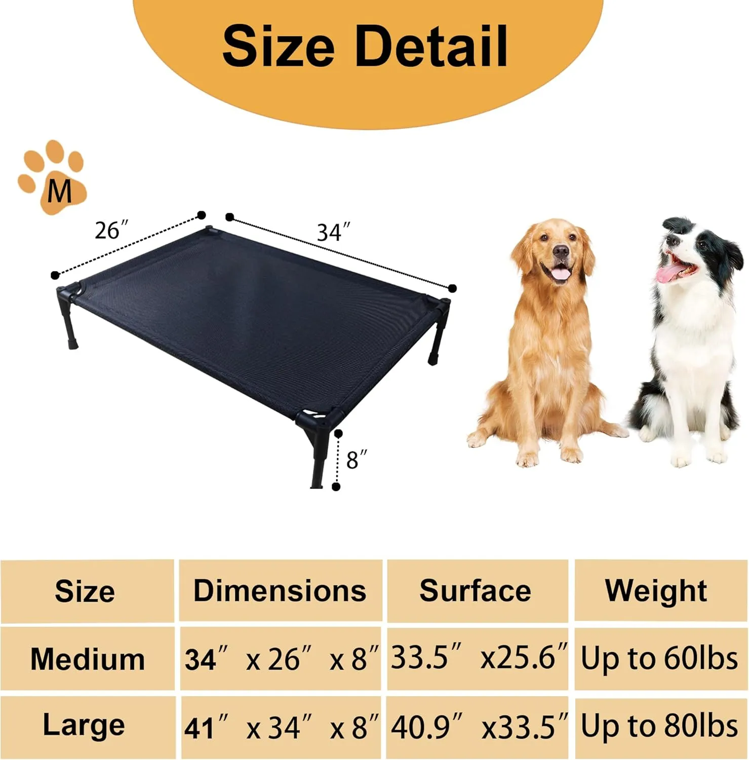 Cooling Elevated Dog Beds for Medium Dogs, Portable Raised Medium Dog Bed for Indoor & Outdoor Use, No-Slip Feet Pet Cots, Pet Hammock with Breathable Mesh, Black