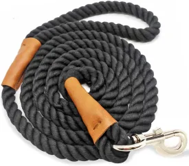 Cotton Dog Leash, Black Dog Leash 6FT Soft Rope Braided with Leather Tailor Connection Lightweight Pet Lead for Small Medium Large Dogs Walking