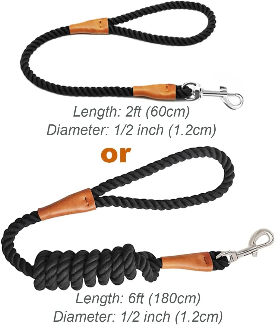 Cotton Dog Leash, Black Dog Leash 6FT Soft Rope Braided with Leather Tailor Connection Lightweight Pet Lead for Small Medium Large Dogs Walking