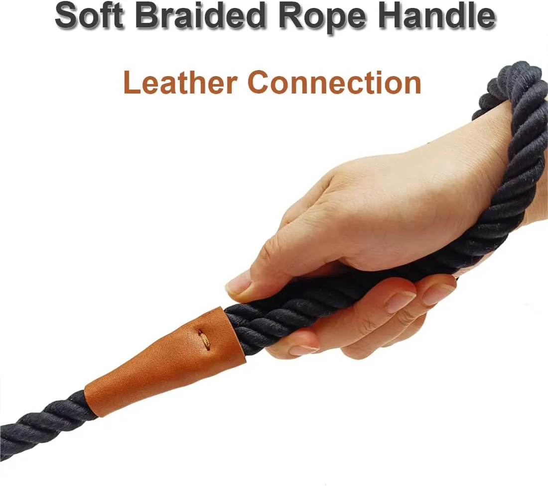 Cotton Dog Leash, Black Dog Leash 6FT Soft Rope Braided with Leather Tailor Connection Lightweight Pet Lead for Small Medium Large Dogs Walking