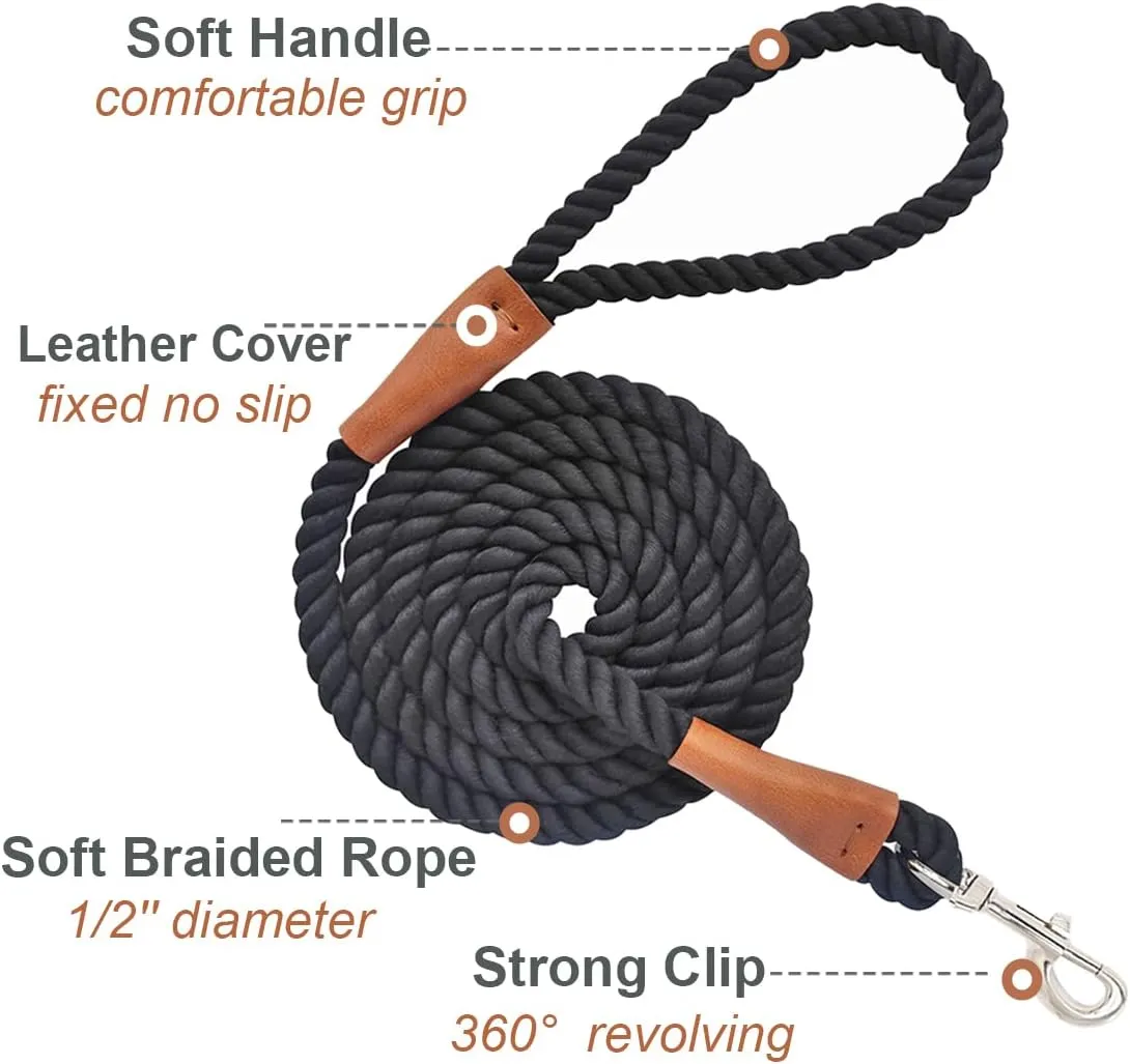 Cotton Dog Leash, Black Dog Leash 6FT Soft Rope Braided with Leather Tailor Connection Lightweight Pet Lead for Small Medium Large Dogs Walking