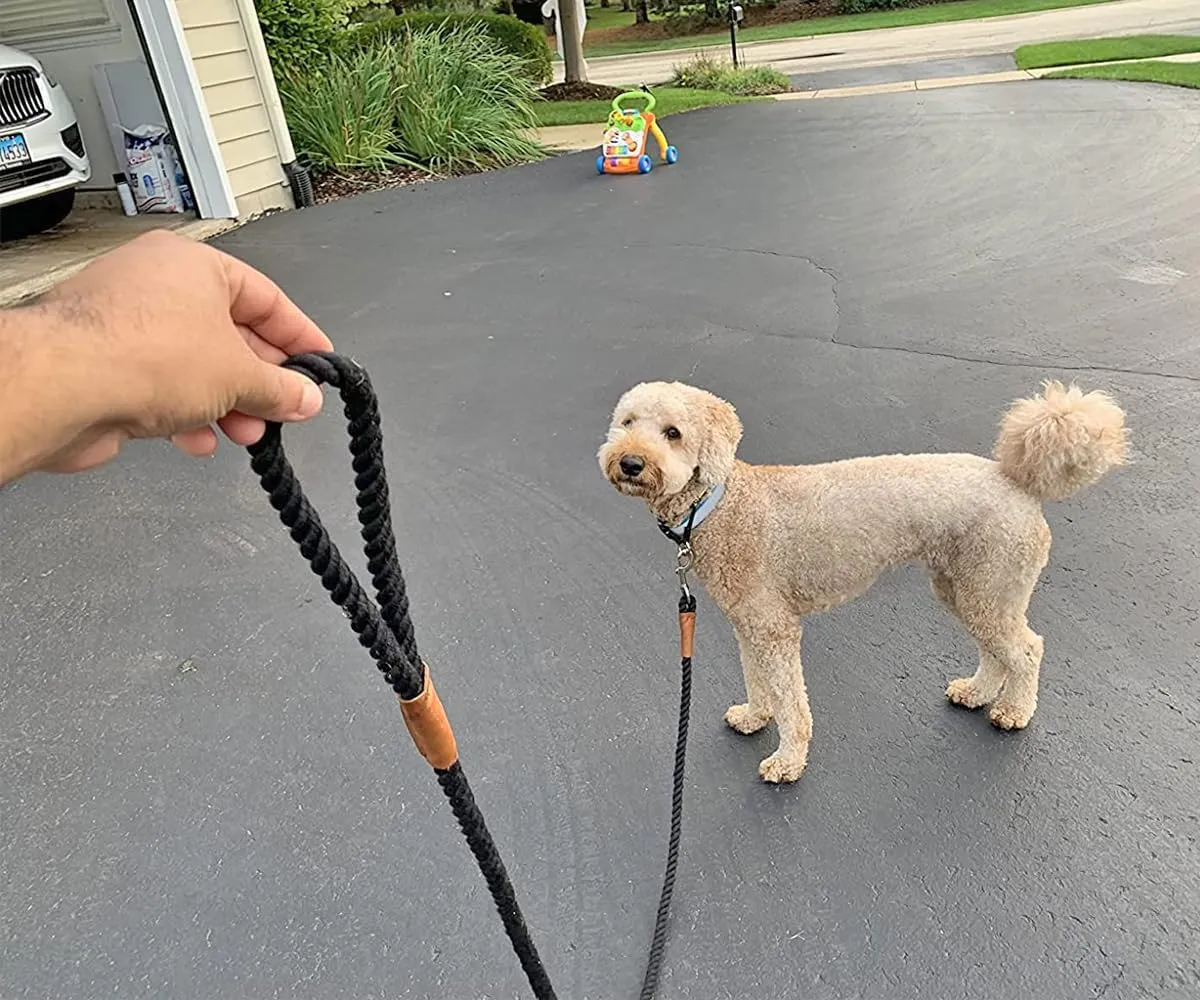 Cotton Dog Leash, Black Dog Leash 6FT Soft Rope Braided with Leather Tailor Connection Lightweight Pet Lead for Small Medium Large Dogs Walking