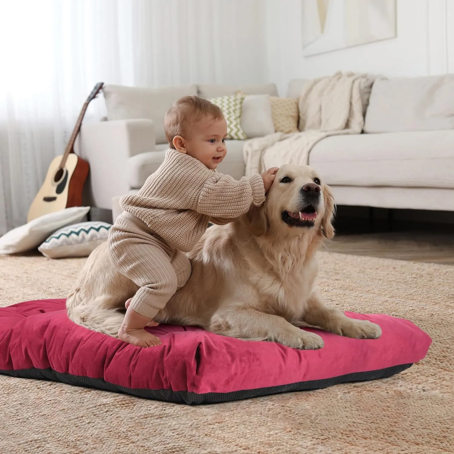 Dog Bed for Large Dogs  36x27x3.5 Plush Crate Bed, Washable Fluffy Dog Mat with Anti-Slip Bottom, Cozy Maroon Sleeping Pad for Medium & Large Dogs