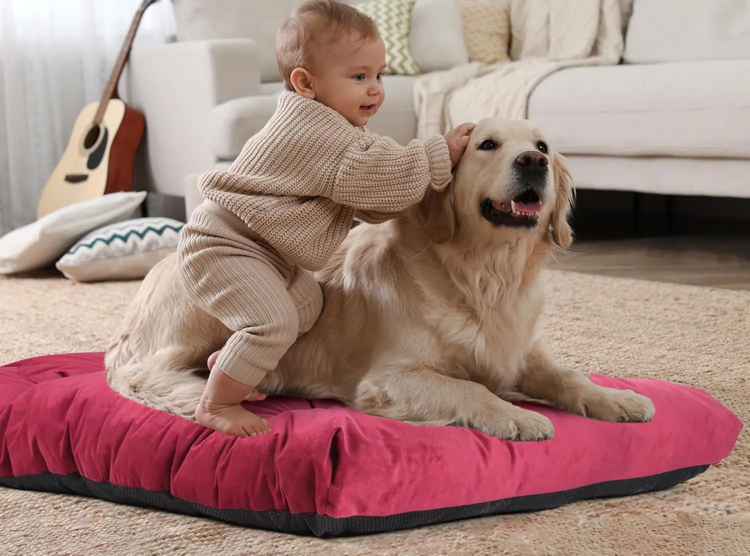 Dog Bed for Large Dogs  36x27x3.5 Plush Crate Bed, Washable Fluffy Dog Mat with Anti-Slip Bottom, Cozy Maroon Sleeping Pad for Medium & Large Dogs