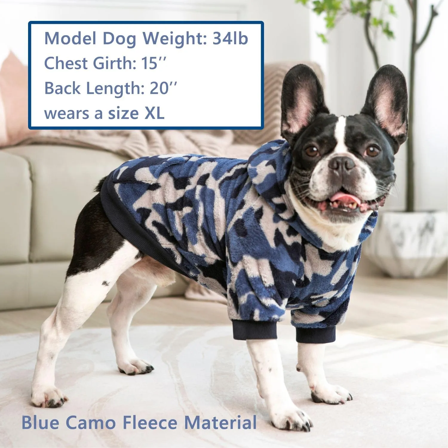Dog Camo Hoodie, Dog Winter Clothes, Pet Hooded Sweatershirt Pullover, Dog Coat Apparel for Small Medium Dogs Cats (Blue Fleece,XS)