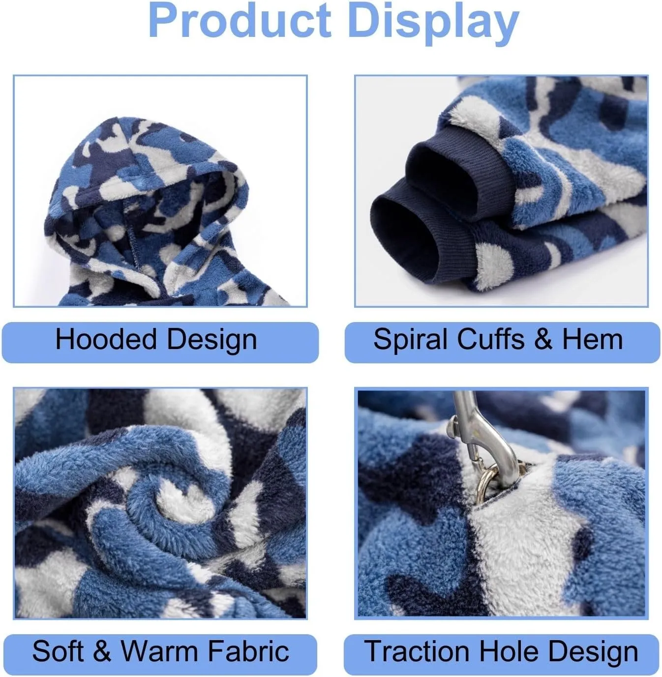 Dog Camo Hoodie, Dog Winter Clothes, Pet Hooded Sweatershirt Pullover, Dog Coat Apparel for Small Medium Dogs Cats (Blue Fleece,XS)