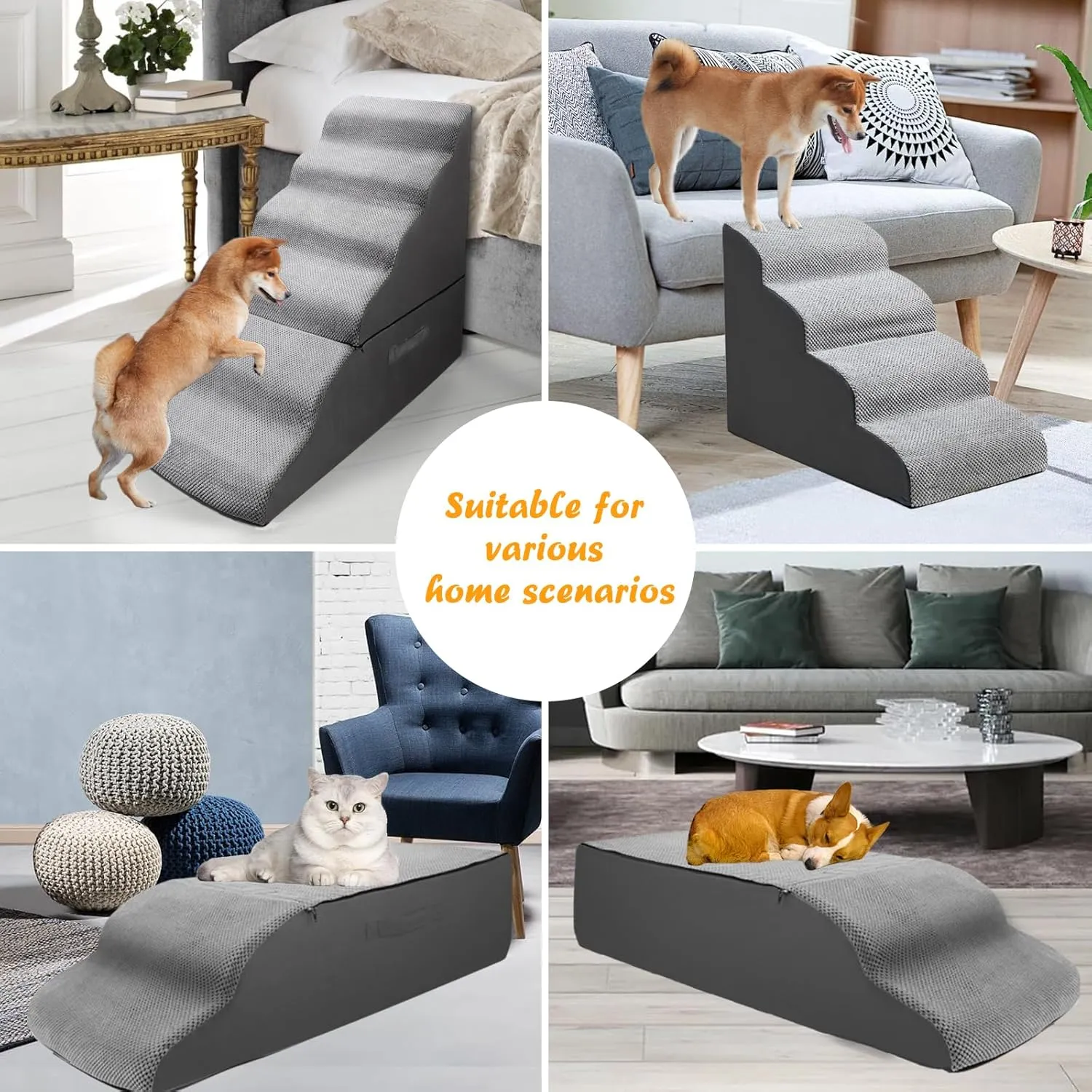 Dog Stairs Steps for 30 Inches Tall High Bed, Pet Dog Ramp Ladder for Small Medium Dogs, Doggie, Old Cats, Kitty, Small Animals(Grey, Up to 29 30 31 32 33 Inch Tall Bed)
