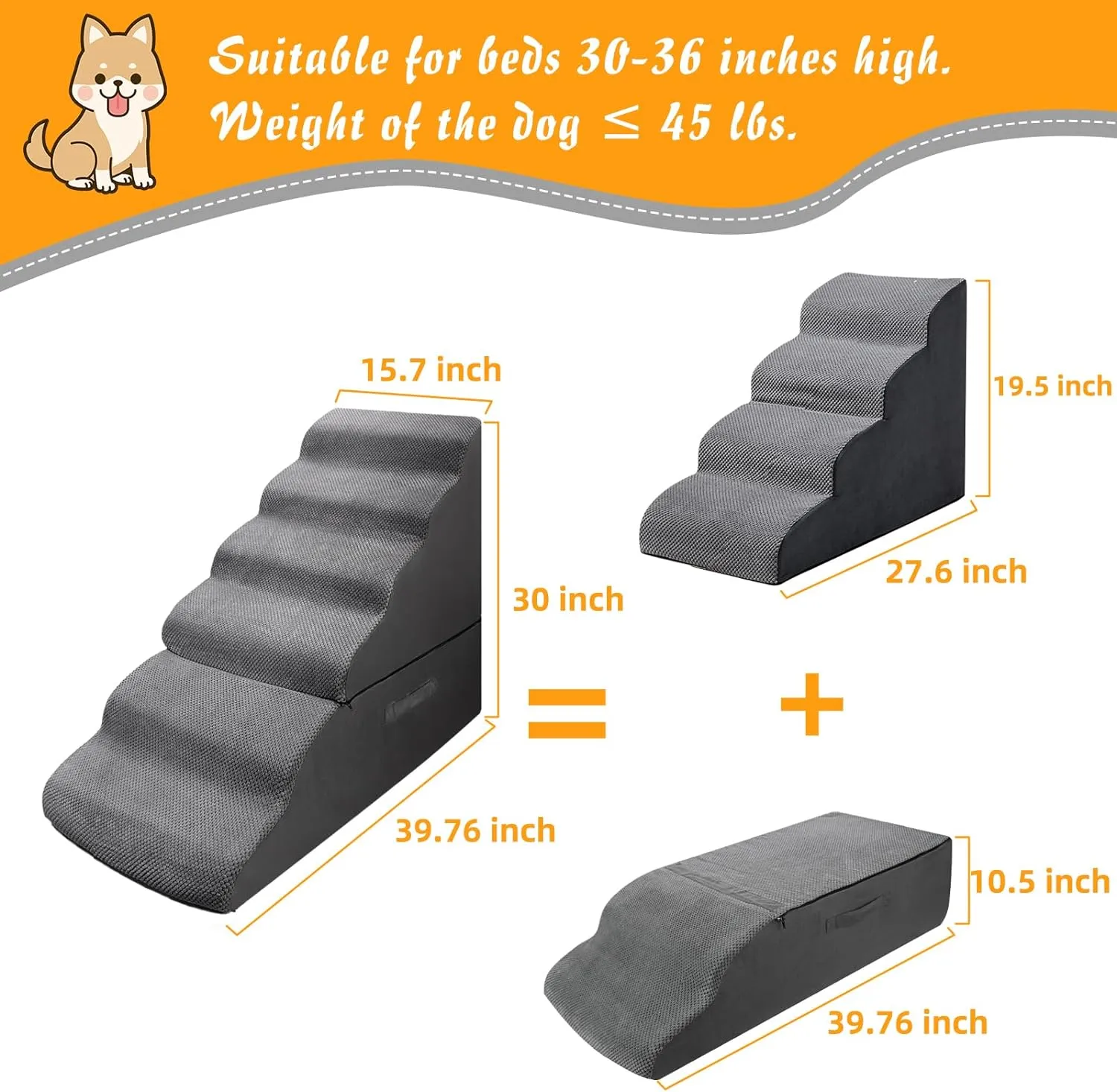Dog Stairs Steps for 30 Inches Tall High Bed, Pet Dog Ramp Ladder for Small Medium Dogs, Doggie, Old Cats, Kitty, Small Animals(Grey, Up to 29 30 31 32 33 Inch Tall Bed)