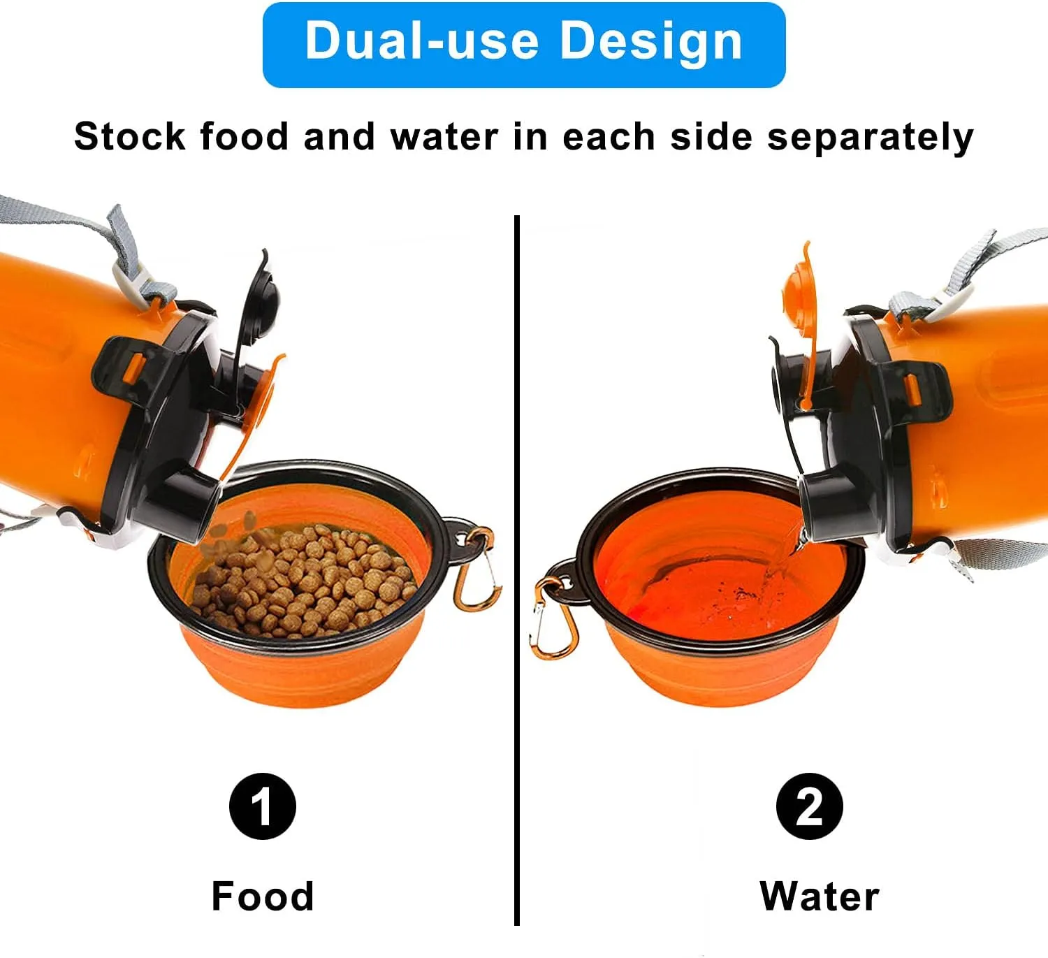 Dog Travel Water Bottle Collapsible Bowls, 2 in 1 Pet Food Container with Collapse Bowls, Outdoor Portable Water Bowls for Walking, Traveling, Camping and Hiking (Orange)