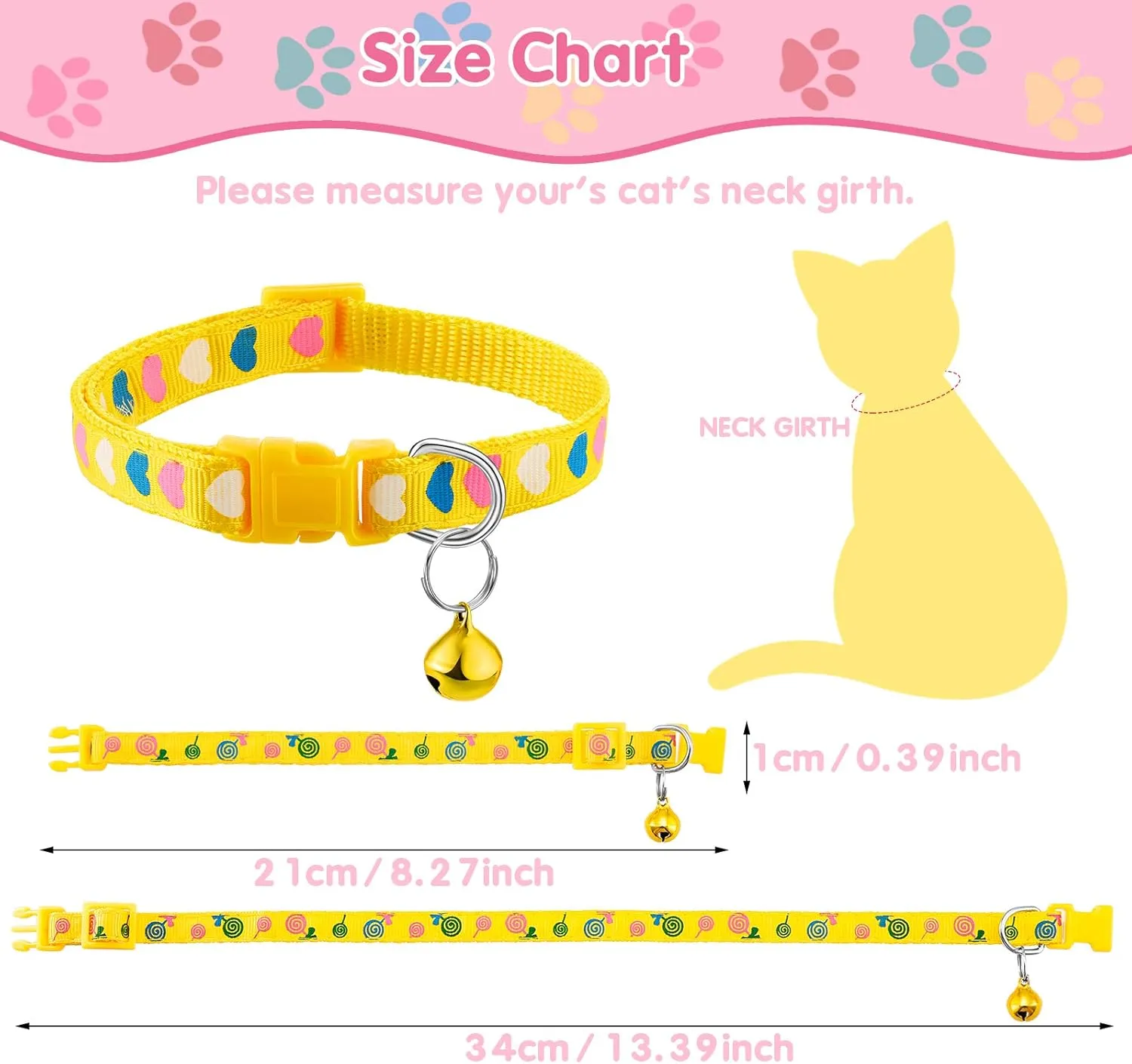 Frienda 6 Pieces Cat Collar with Bell Kitten Breakaway Collar Heart Pattern Adjustable Lollipop Spring Summer Design for Girl Boy Kitty(Pink, Green, Red, Light Red, Yellow)
