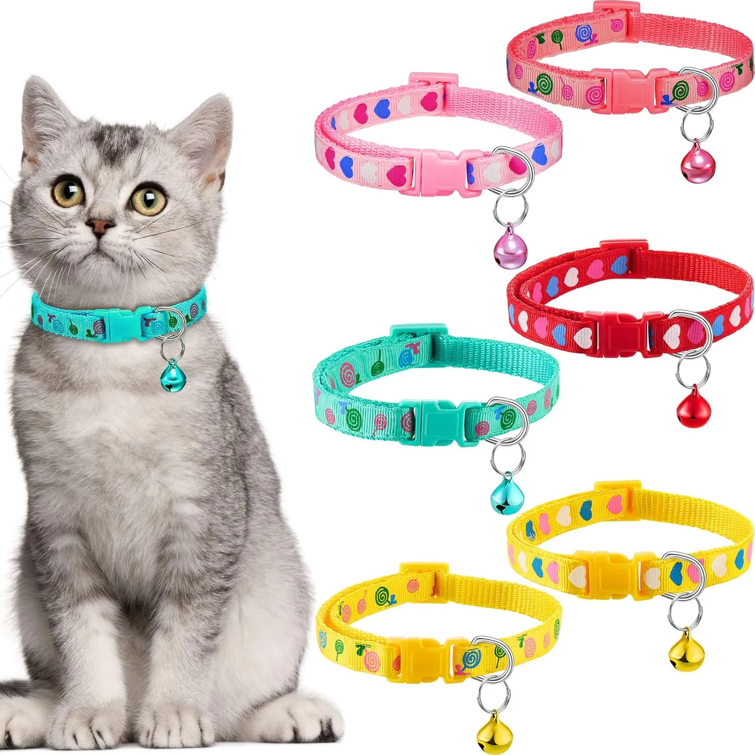 Frienda 6 Pieces Cat Collar with Bell Kitten Breakaway Collar Heart Pattern Adjustable Lollipop Spring Summer Design for Girl Boy Kitty(Pink, Green, Red, Light Red, Yellow)