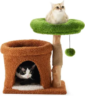 FUKUMARU Small Cat Tree, Plant Style Kitten Tower with Unique Solid Wood Cat Scratching Post, Cute Cat Condo Scratcher with Soft Bed for Indoor Kitten & Cats