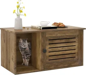 Giantex Cat Litter Box Enclosure - Litter Box Hidden Furniture with Louvered Door, Front Entry, Storage Cabinet, Farmhouse Wooden Cat Washroom Pet House Coffee Table, Fit Most of Litter Box, Brown