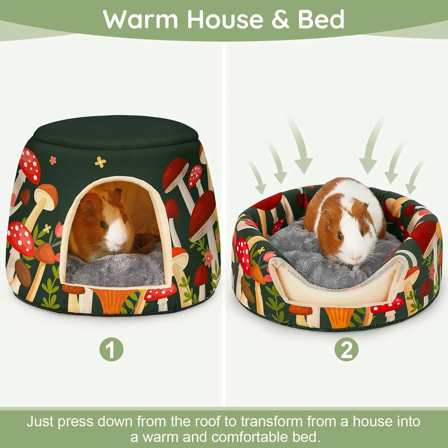 Glittme Guinea Pig Hideout, 2 in 1 Guinea Pig Bed with Removable Pad, Washable Bunny Bed, Foldable Guinea Pig Accessories for Guinea Pig Cages, Guinea Pig, Bunny, Hamster, Hedgehog, Rabbit,Mushroom