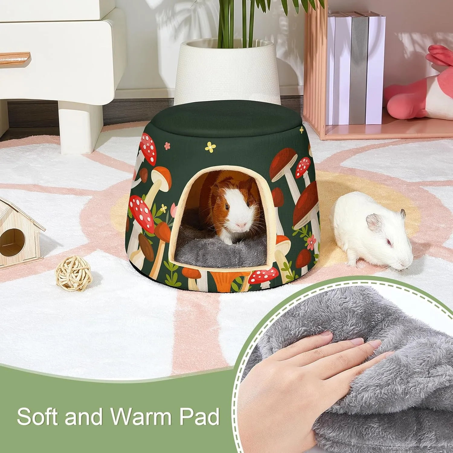 Glittme Guinea Pig Hideout, 2 in 1 Guinea Pig Bed with Removable Pad, Washable Bunny Bed, Foldable Guinea Pig Accessories for Guinea Pig Cages, Guinea Pig, Bunny, Hamster, Hedgehog, Rabbit,Mushroom