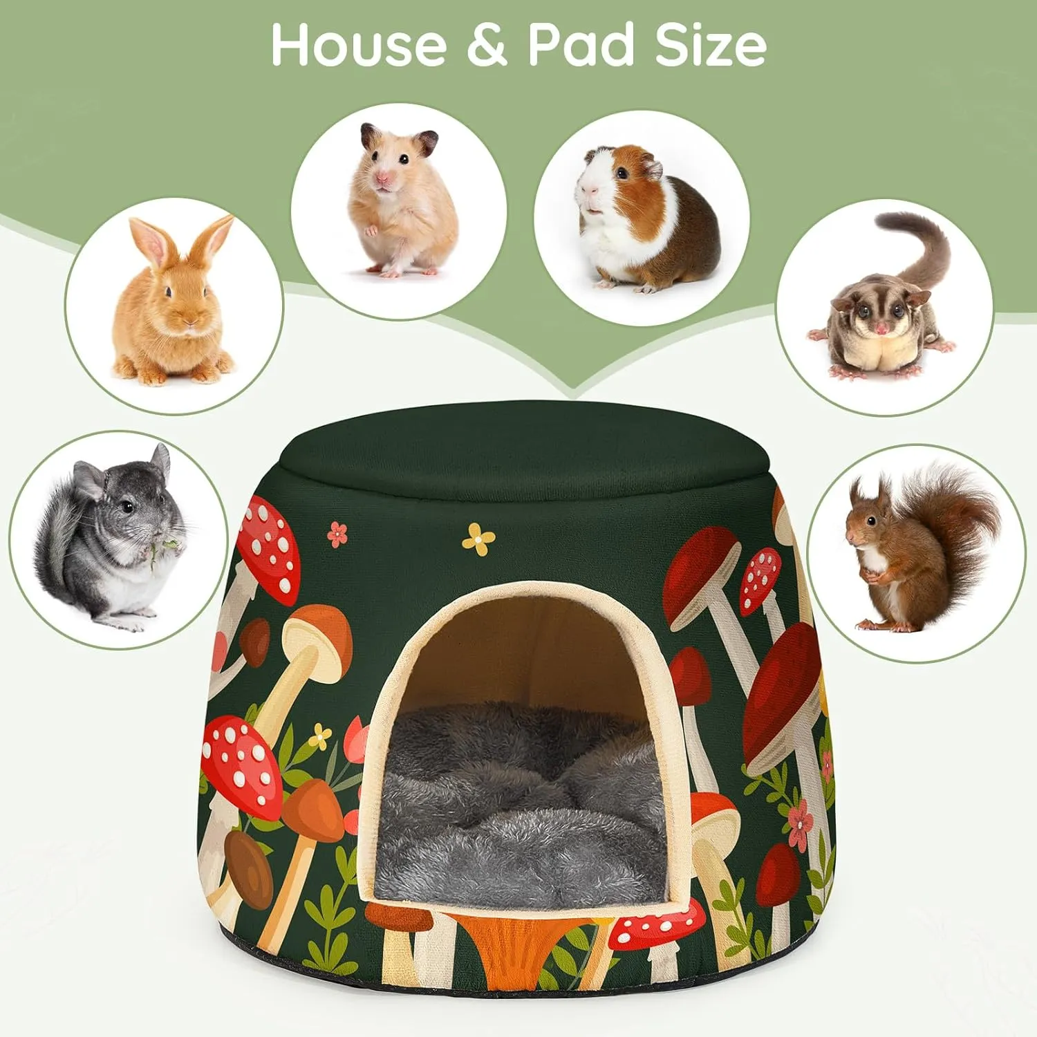 Glittme Guinea Pig Hideout, 2 in 1 Guinea Pig Bed with Removable Pad, Washable Bunny Bed, Foldable Guinea Pig Accessories for Guinea Pig Cages, Guinea Pig, Bunny, Hamster, Hedgehog, Rabbit,Mushroom