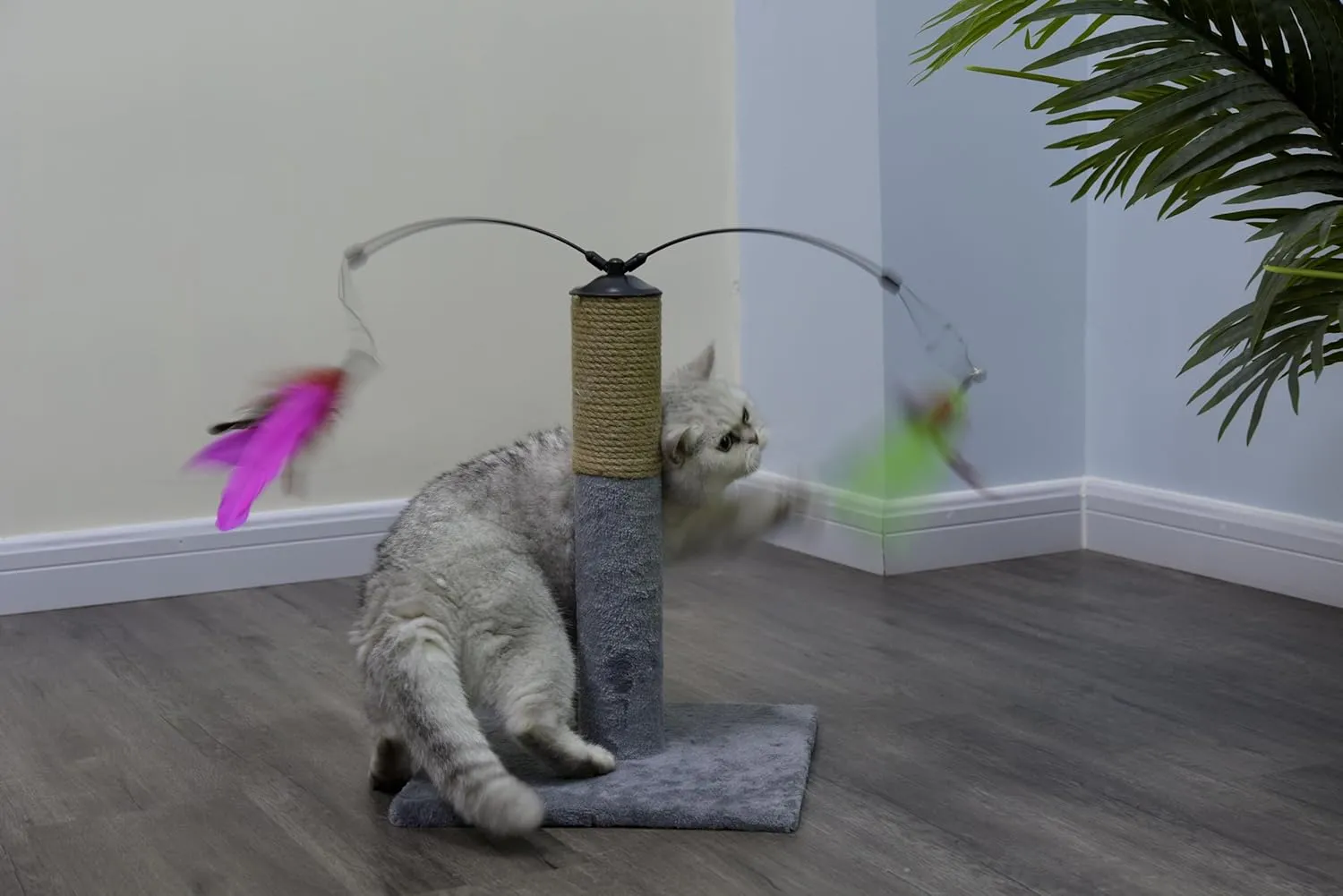 Go Pet Club Everyday Value 19in Scratching Post with Sisal Rope and Interactive Hanging Toy Feather, Gray