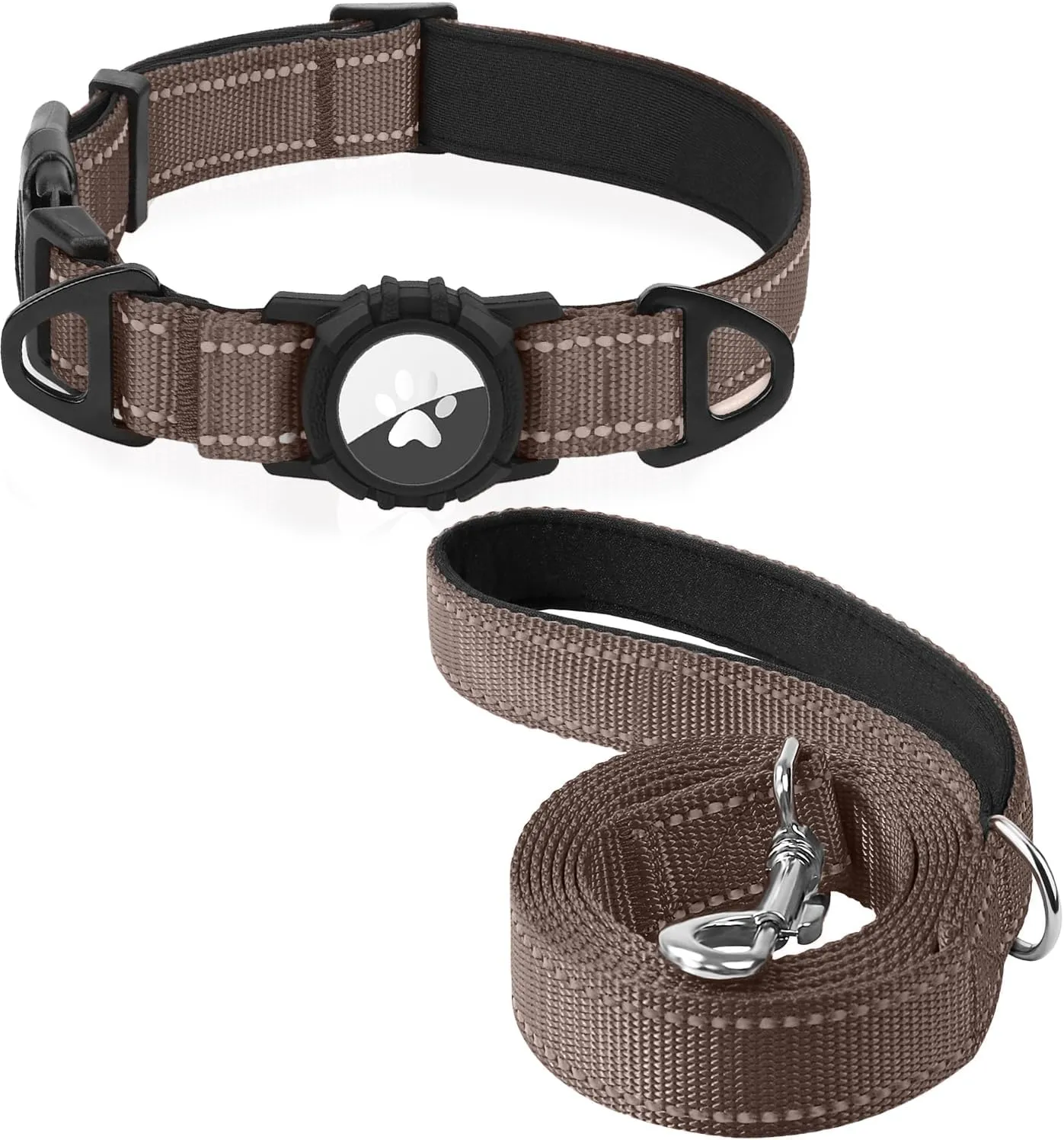 Joytale Airtag Dog Collar and 6FT Leash Set, Dual D-Rings Pet Collar and Reflective Padded Handle Nylon Leash for Medium Dogs (Brown,M)