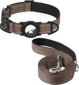 Joytale Airtag Dog Collar and 6FT Leash Set, Dual D-Rings Pet Collar and Reflective Padded Handle Nylon Leash for Medium Dogs (Brown,M)