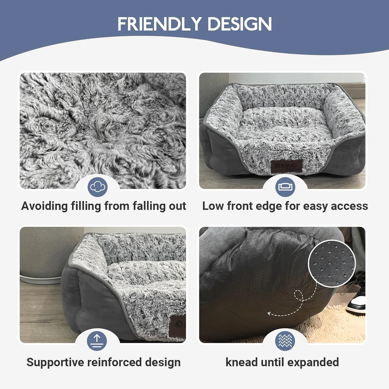 KINGROCK Square Washable Dog Bed for Medium Small Dogs, Rose Circle Plush Bolster Bed