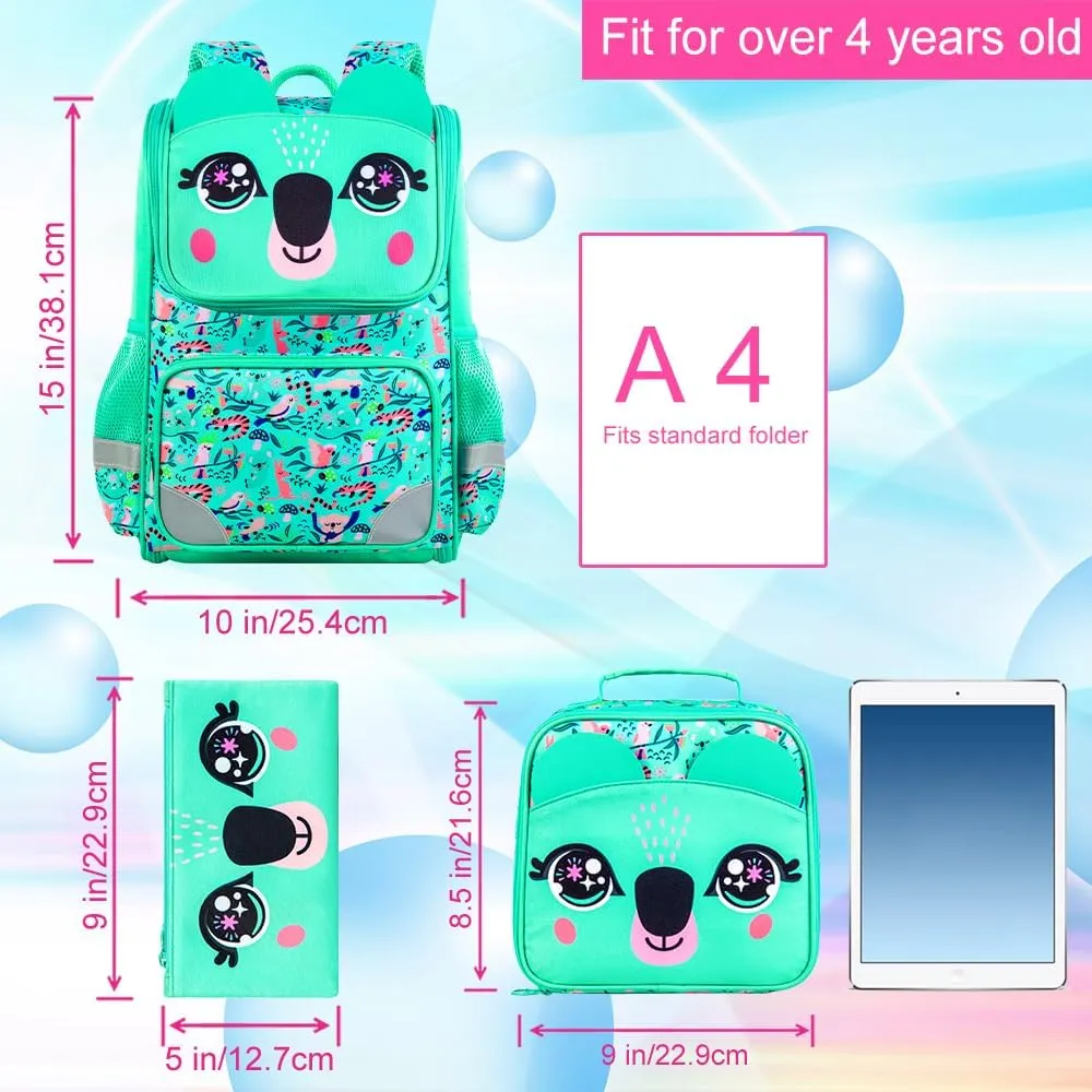 KLFVB 3PCS Backpack for Girls and Boys, 15" Unicorn Dinosaur Bookbag with Lunch Box, Kids Preschool School bag