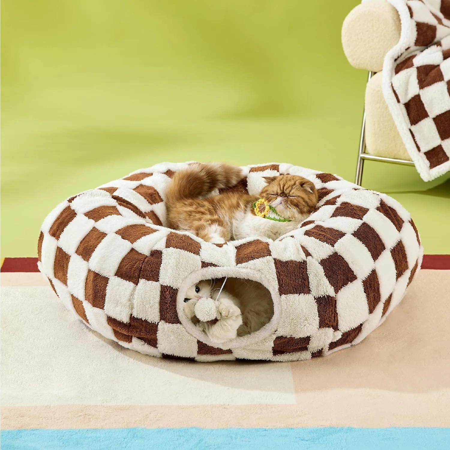 Lesure Cat Tunnel Bed for Indoor Cats - Cute Cat Donut Tunnel Toys with Washable Circle Cushion, Round Pet Peekaboo Cave Toy for Kitten/Puppy/Rabbit, Standard Brown