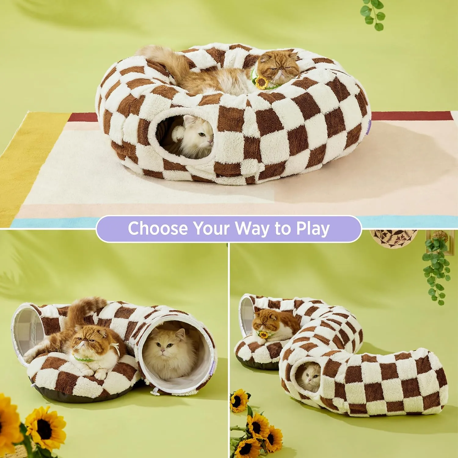 Lesure Cat Tunnel Bed for Indoor Cats - Cute Cat Donut Tunnel Toys with Washable Circle Cushion, Round Pet Peekaboo Cave Toy for Kitten/Puppy/Rabbit, Standard Brown