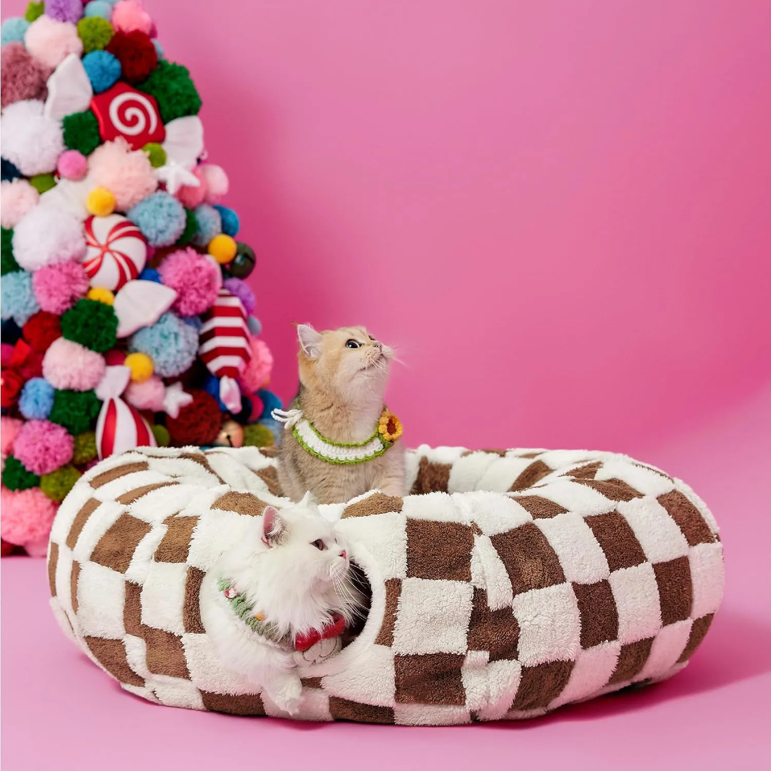 Lesure Cat Tunnel Bed for Indoor Cats - Cute Cat Donut Tunnel Toys with Washable Circle Cushion, Round Pet Peekaboo Cave Toy for Kitten/Puppy/Rabbit, Standard Brown